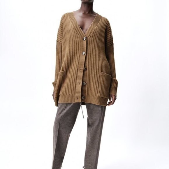 Brown ZaraV-Neck Oversized Button Front Ribbed Cardigan Sweater (NWT) - Picture 1 of 12